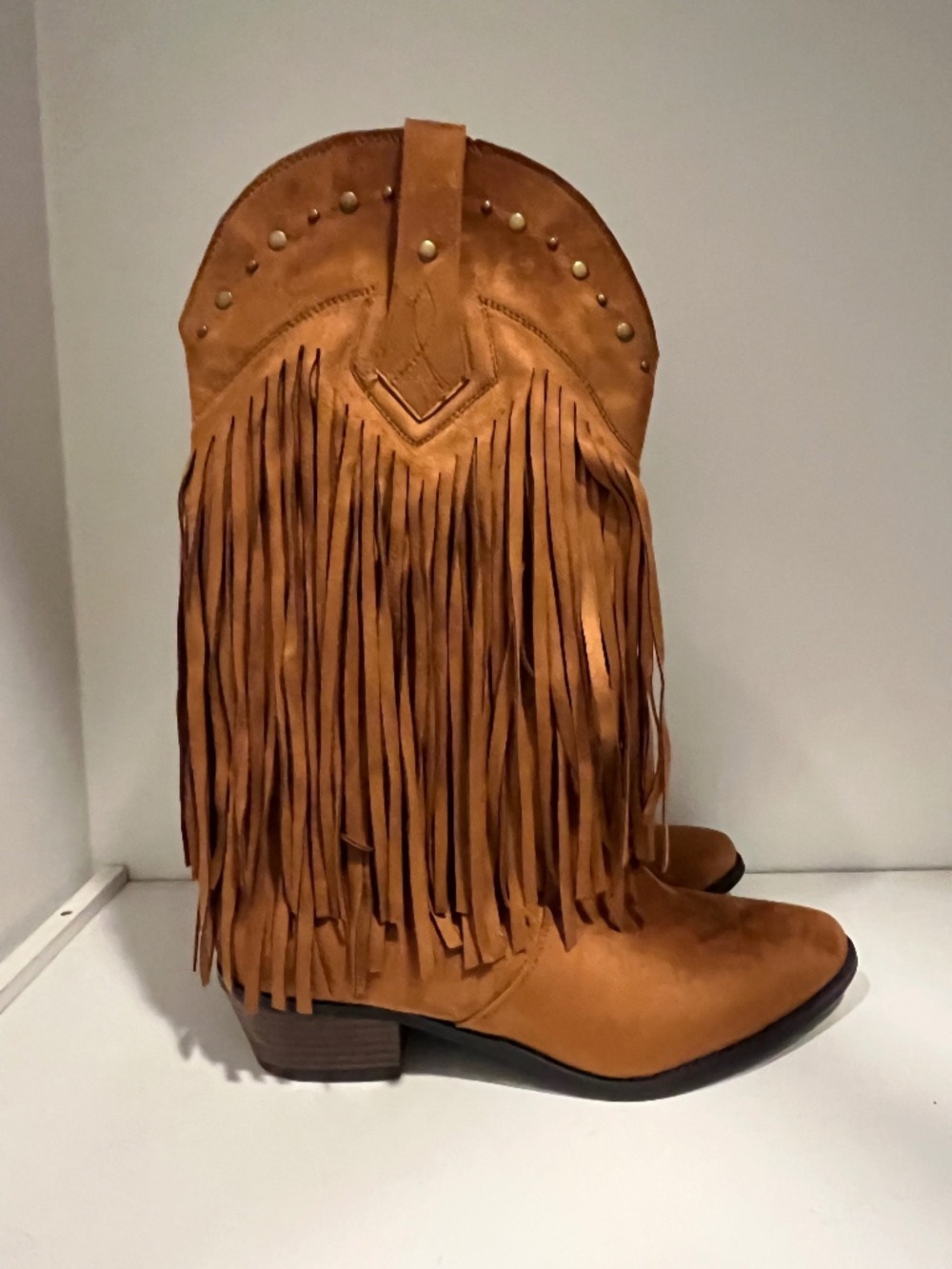 NWOB SheSole Tan Fringe Faux Suede Western Cowboy Boots Sz 39 Boho Country